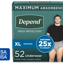 Depend Fresh Protection Incontinence Underwear for Men, Adult Diapers, XL, 52 Count