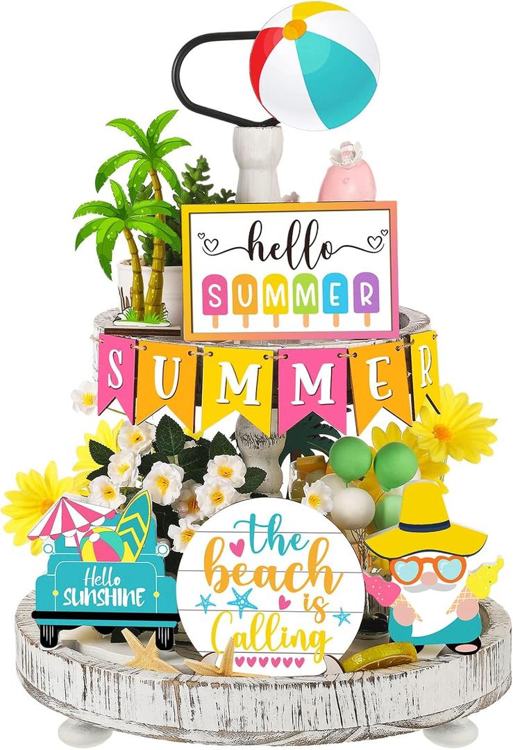 FairySandy 12 Pcs Summer Tiered Tray Decor Set Hawaii Tier Tray Decorations Hello Summer Beach Gnome Wood Sign Rustic Farmhouse Tabletop Accessories for Home Table Kitchen Shelf Decor