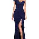 VFSHOW Womens Formal Prom Elegant Ruffle One Shoulder Beaded Strap Ruched Slit Maxi Dress Wedding Evening Long Gown, Size: L