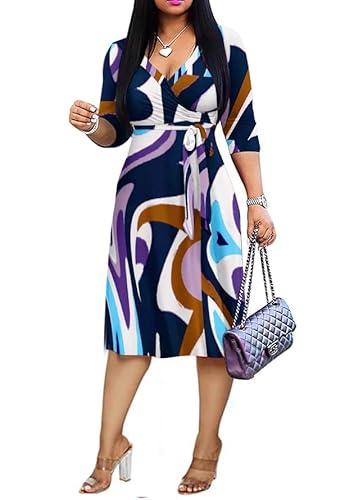 Women's Plus Size Faux Wrap Cocktail Party Dresses 3/4 Sleeve Deep V Neck Swing Wrap Floral Midi Dress with Belt Purple/Blue 3XL