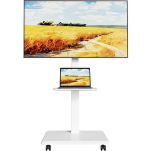 Steel Base Rolling TV Stand for 32-75 inch TVs up to 110 lbs, Leveling & Tilt & Swivel Mobile TV Stand with Hidden Wire Management, Height Adjustable Portable Tv Stand with Steel Shelf, White