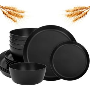 EI 12pcs Wheat Straw Dinnerware Set of 4,Plates and Bowls Sets, Plastic Plate Reusable Unbreakable, Heavy Duty Plastic Plates for Camping, Picnic, Family Dinner