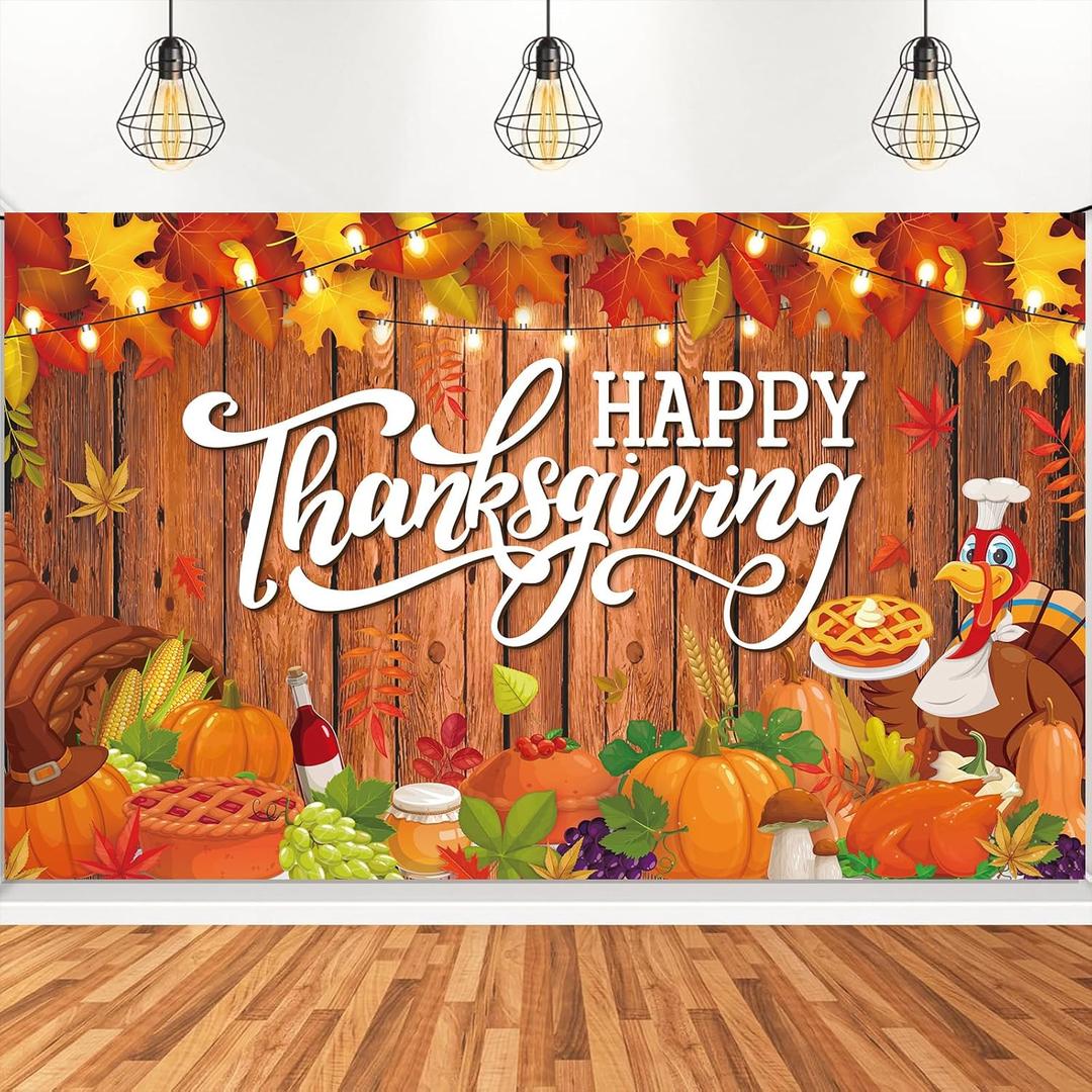 Large Happy Thanksgiving Banner Decorations | Thanksgiving Sign Outdoor with Turkey, Pumpkins and Maple Leaf for Yard, Porch, Home, Indoor Party Gifts & Photo Booth Backdrop