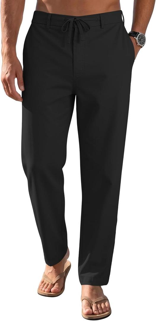 Mens Linenl Pants Casual Loose Straight Elastic Suit Waist Drawstring Trousers Lightweight Beach Vacation Pants (Black, L)
