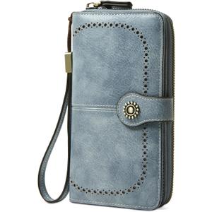 Wallet for Women RFID Blocking Leather Large Capacity Card Holder Ladies Phone Clutch Travel Long Purse Wristlet (1-Blue)
