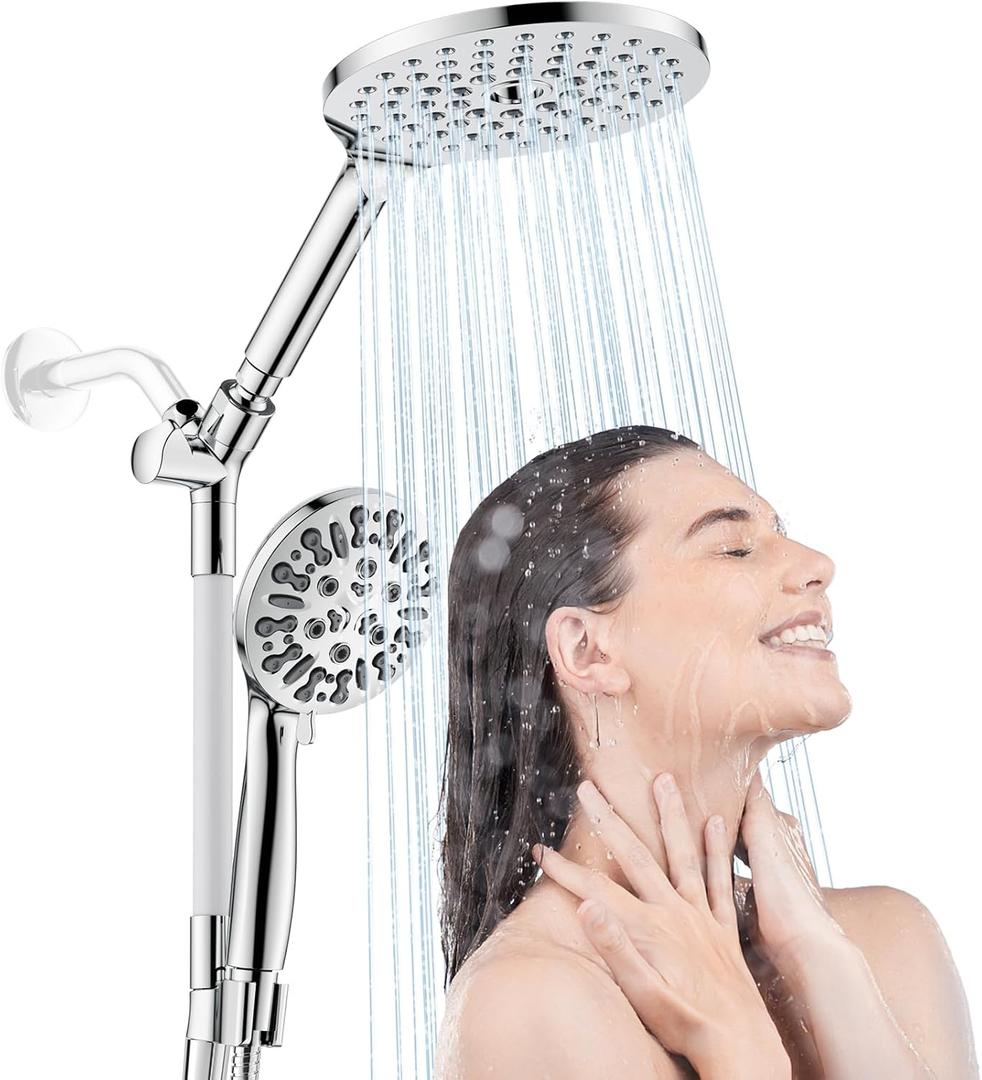 HOWUWEY Modern Dual Shower Head with Handheld Spray, 7.5" Rainfall Shower Head, 9 Modes Hand Showerhead, 78" Hose, Chrome