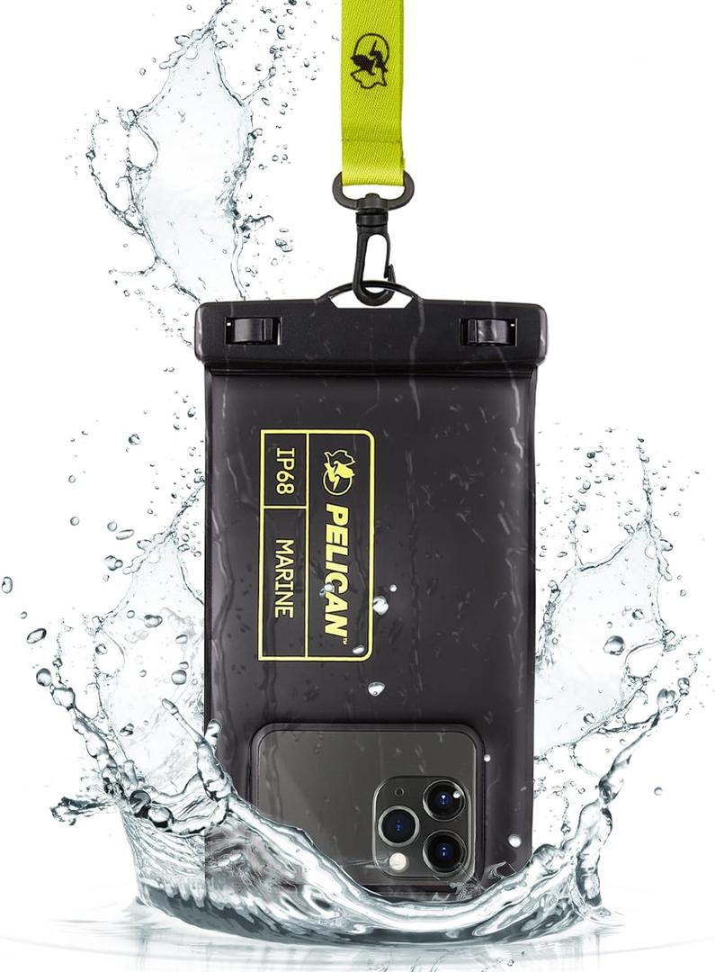 Pelican Marine - IP68 Waterproof Phone Pouch (Regular Size) Floating Waterproof Phone Case - Beach Cruise Ship Travel Essentials - Works with All Phones - Detachable Lanyard - Black/Hi-Vis Yellow (Black/Neon - 1 Pack - Regular)