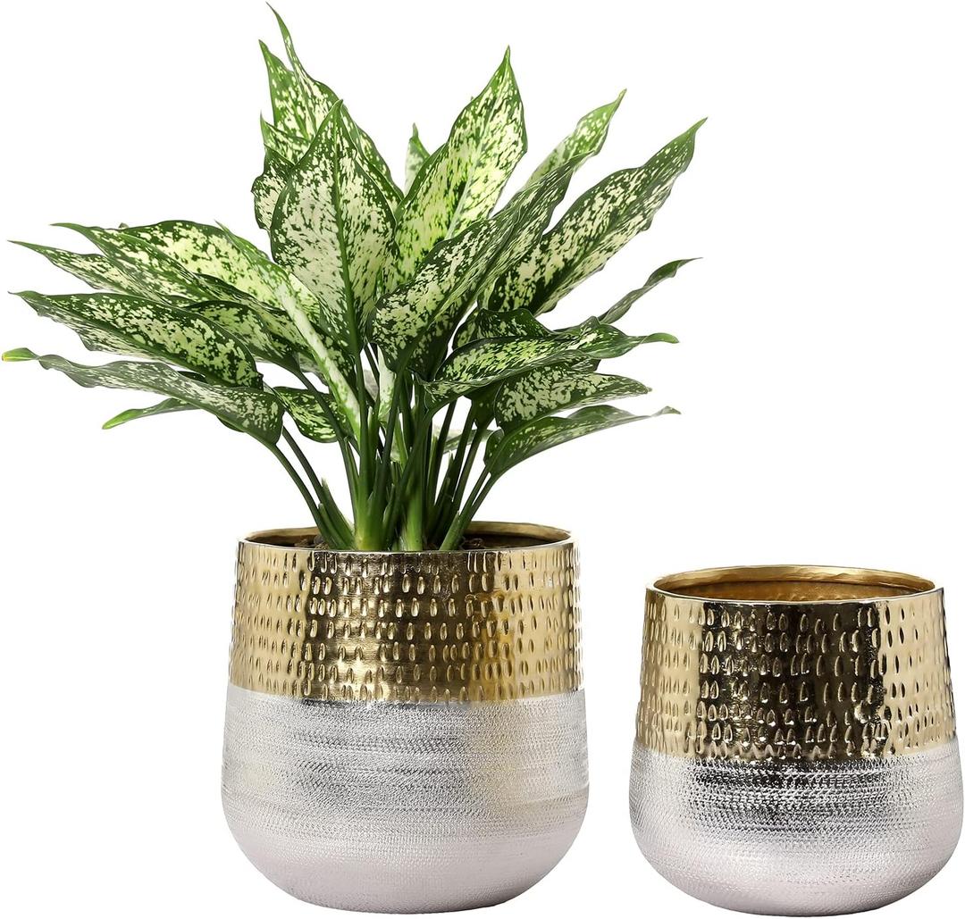 MyGift Round Two-Toned Indoor Planter Pot, Hammered Brass and Milled Embossed Silver Tone Metal Planter Vase, Set of 2 - Handcrafted in India