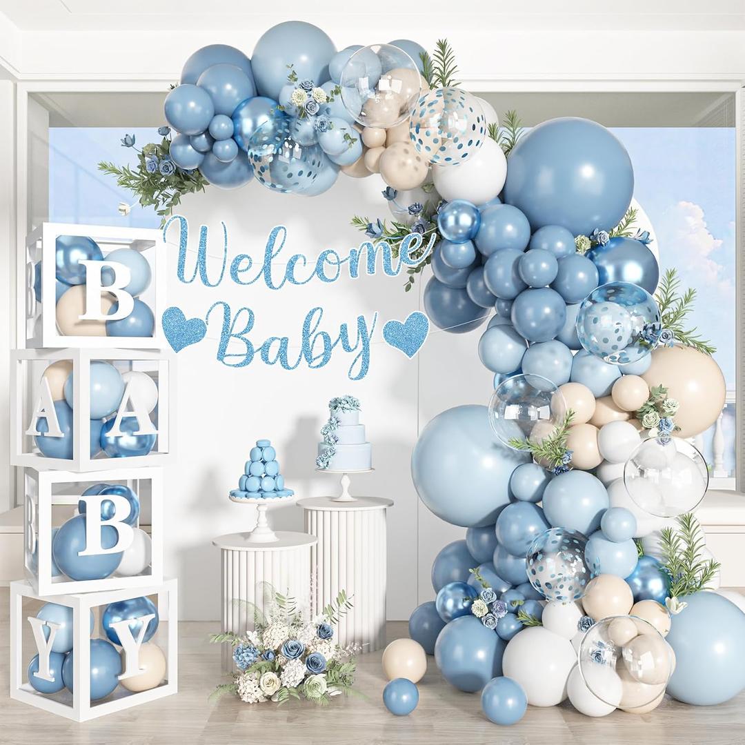153pcs Dusty Blue Balloon Baby Shower Decorations for Boy | Blue White Sand Balloon Arch Kit Baby Boxes with Letter Welcome Baby Banner for Wedding Gender Reveal Birthday Party Supplies
