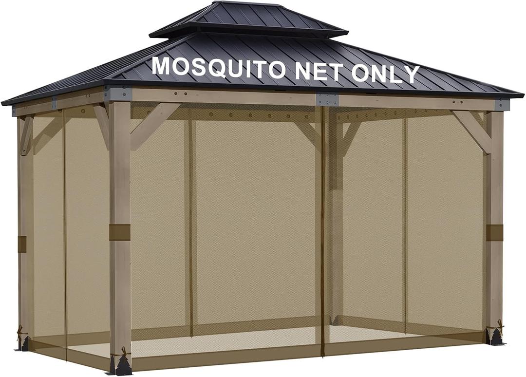 BPS 10' x 12' Gazebo Universal Mosquito Netting Screen Replacement, 4-Panel Screen Walls with Double Zippers for Outdoor Patio, Brown (Mosquito Net Only)