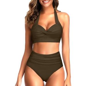 Tempt Me Women Two Piece Vintage Swimsuit Retro Halter Ruched High Waist Bikini with Bottom Medium