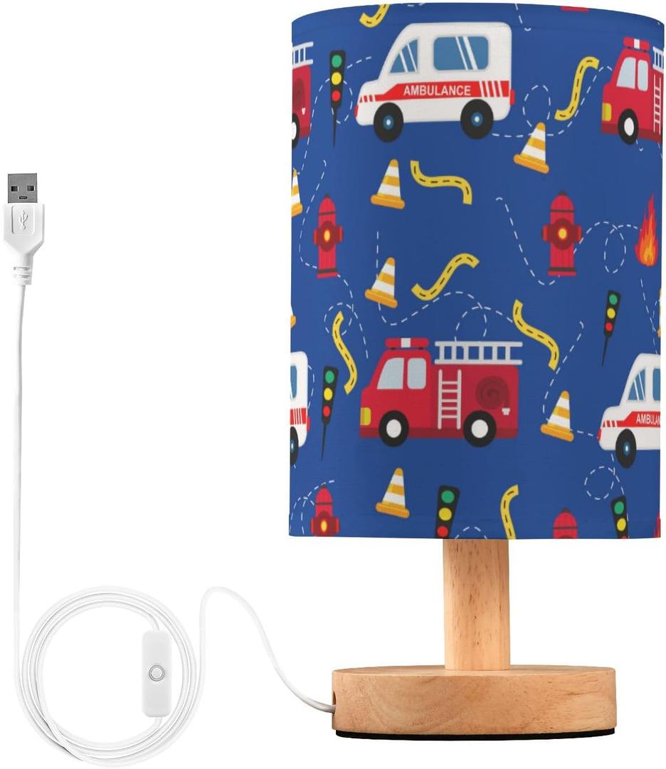 Fire Truck Lamp for Boys Room Cartoon LED Night Light with Non-Slip Base, USB Charging Soft Glow Ambulance Firefighter Blue Table Lamp for Kids Bedroom Nursery No Bulb Needed