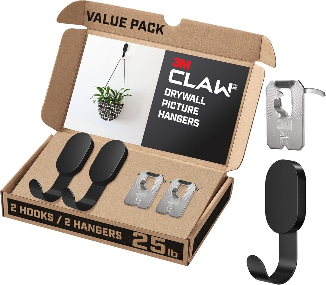 3M CLAW 25 lb. 2 Drywall Black Hooks & 2 Extra Picture Hangers, Heavyweight Hanging Solution for Backpacks, Jackets, Pictures and Room Decor, Cute Wall Hooks - 4 Pack