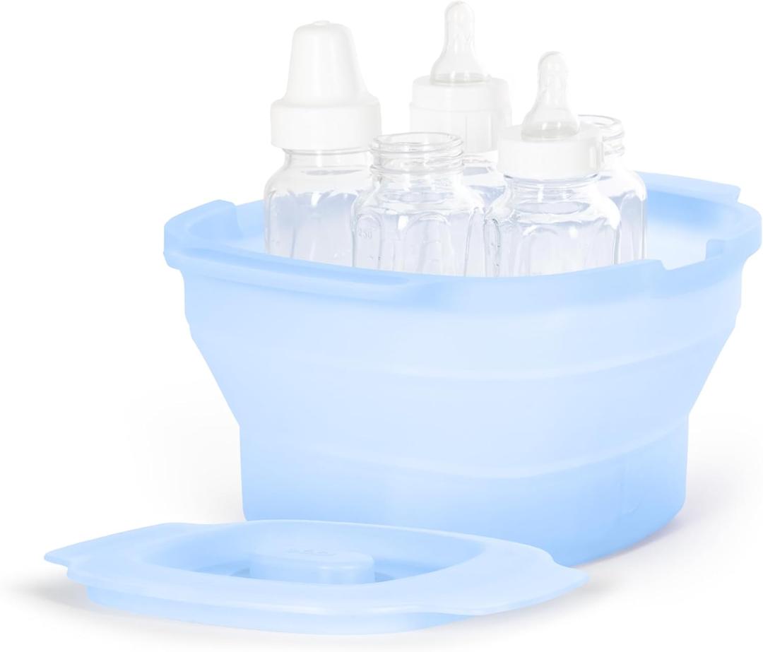 Collapsible Microwave Steam Sterilizer for Baby Bottles, Breast Pump Accessories & Pacifiers, Reusable Silicone Steam Bag for Travel or Home Use, Fits Up to 5 Baby Bottles, Blue
