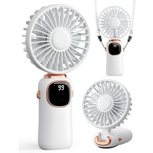 coldSky Portable Handheld Fan, 4000mAh Battery Operated 3 in 1 Multifunction Personal Travel Fans with Digital Display, 90 Foldable Desk Fans with Base, 5 Speed Lash Fan for Makeup/Office (White)