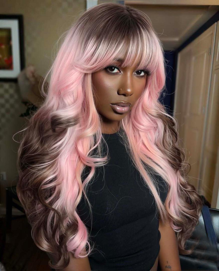 WIGER Long Wavy Wig With Bangs, Pink Romantic Curly Hair With Brown Roots and Ends, Layered Synthetic Curly Hair Brown Ombre Pink Wig for Women Cosplay/Coachella Festival/Theme Parties Cosplay