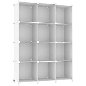 AWTATOS Cube Storage Organizer Storage 12 Cube Bookshelf DIY Plastic Closet Clothes Storage Shelves with Wooden Mallet, Stackable Storage Solution for Home, Bedroom, White