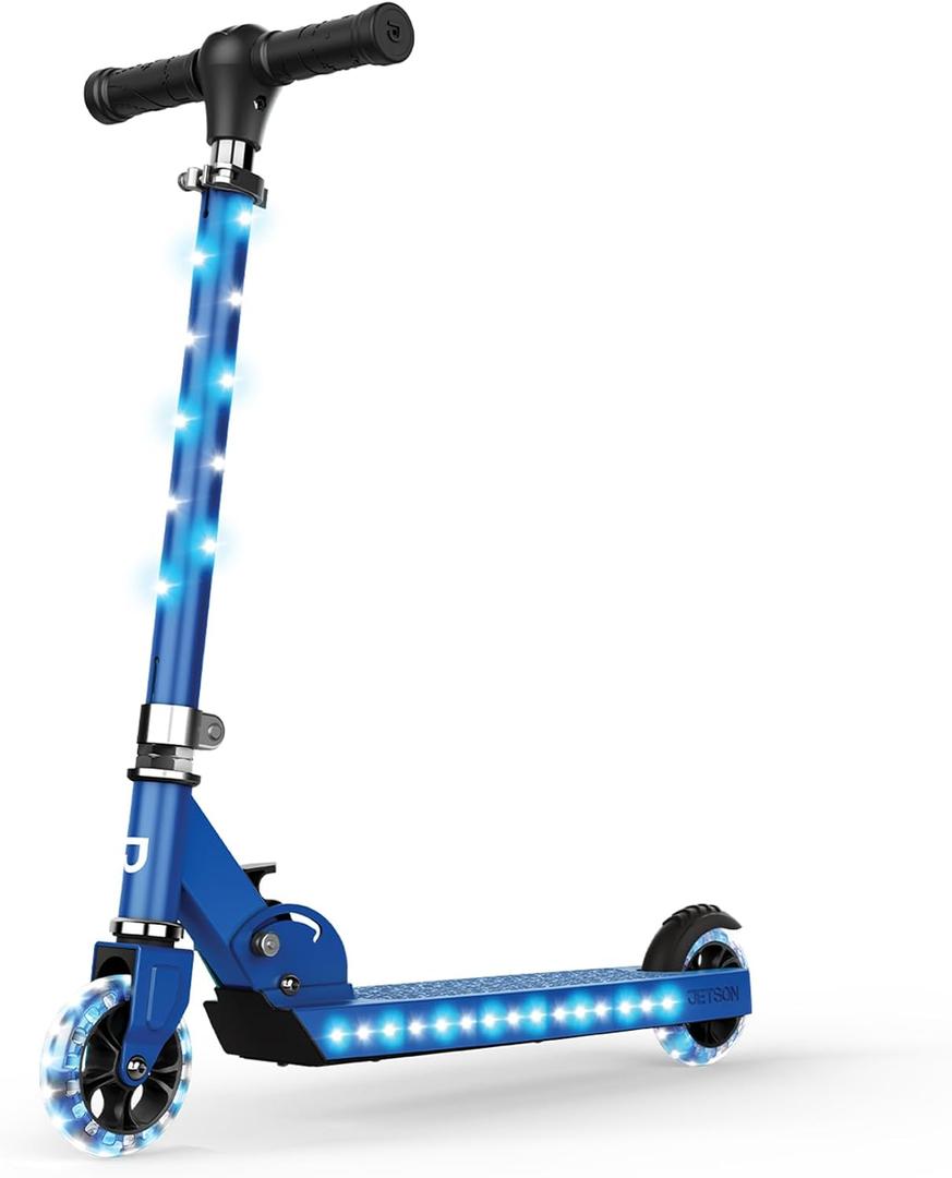 Jetson Jupiter Kick Scooter with LED Lights on Deck and Wheels, Height Adjustable Handlebar and 4 Inch Wheels, Easy Folding Mechanism, Blue
