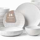 24-Piece Ceramic Dinnerware Set,Large Plates and Bowls Set for 6,Elegant Dish Set for Families & EntertainingMicrowave & Dishwasher Safe Tableware (Double Bowl) (Mixed Embossment)