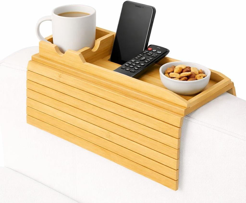 Wooden Armrest Tray for Couch, Cup Holder & Armrest Organizer  Non-Slip Couch Armrest Table, Sofa Arm Tray for Drinks, Snacks & Remotes  Flexible Couch Drink Holder Armrest for Living Room, Recliner
