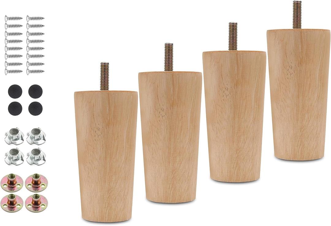 4pcs 4 Inch Wood Furniture Legs, Straight Conical Solid Wood Sofa Legs, Mid-Century Style Furniture Feet for Sofa Cabinet Table Cupboard Couch Ottoman Home DIY Projects