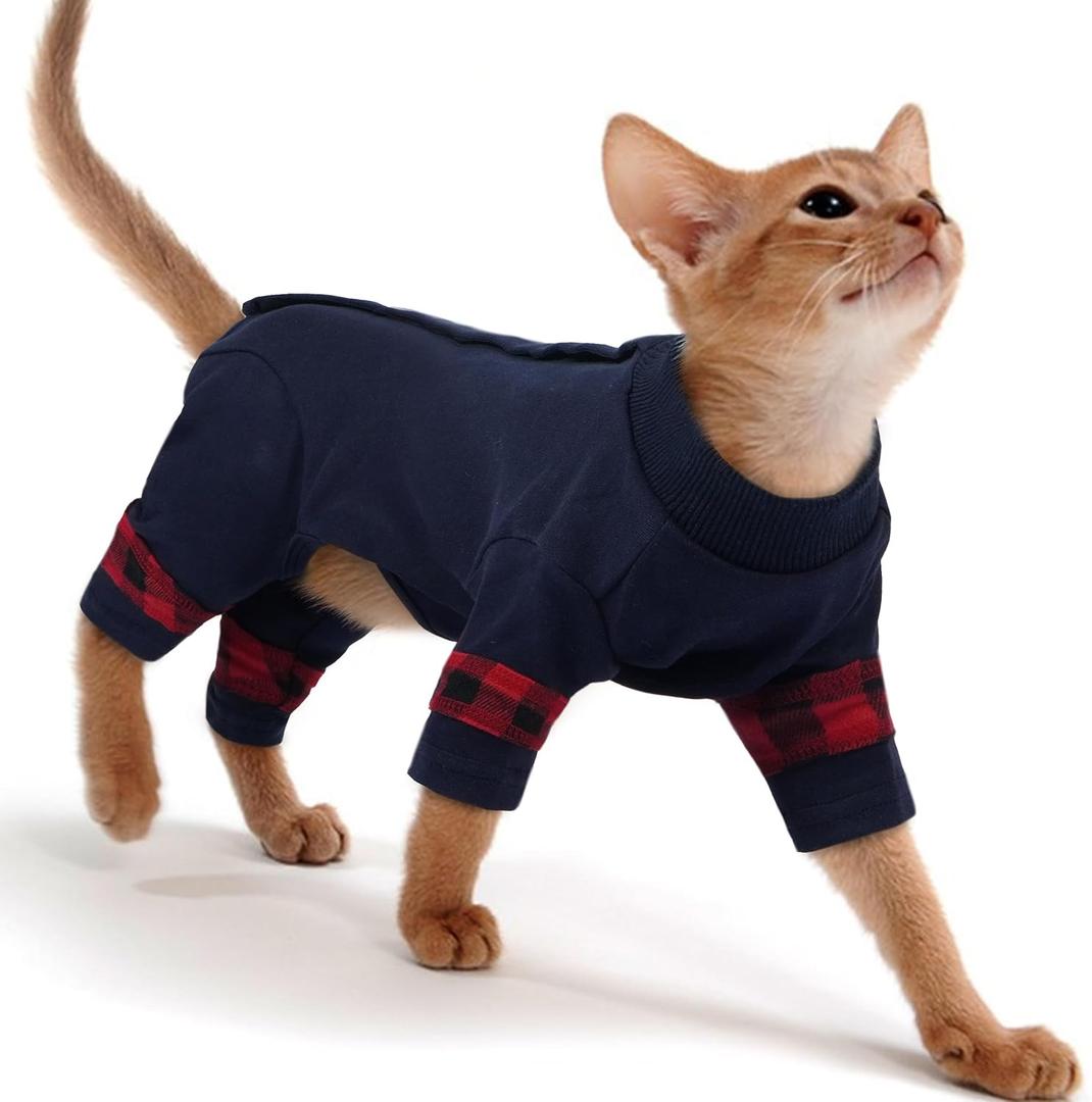 PUMYPOREITY Fur Control Cat Pajamas, Versatile Shirt for All-Day Wear, Soft Stretchy Sweater with Back Snap for Easy Wear, Cat Onsie Prevents Licking Wounds, 2XL, Blue (XX-Large)