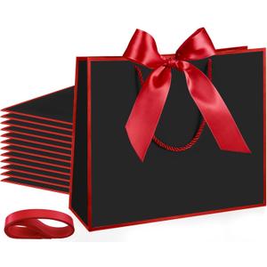 Silkfly 12 Pcs Thank You Gift Bags with Handle 12x10x4'' Welcome Elegant Gifts Bag with Bow Ribbon for Mother's Day Wedding Graduation Bridesmaid Baby Shower Birthday Housewarming (Black,Red)