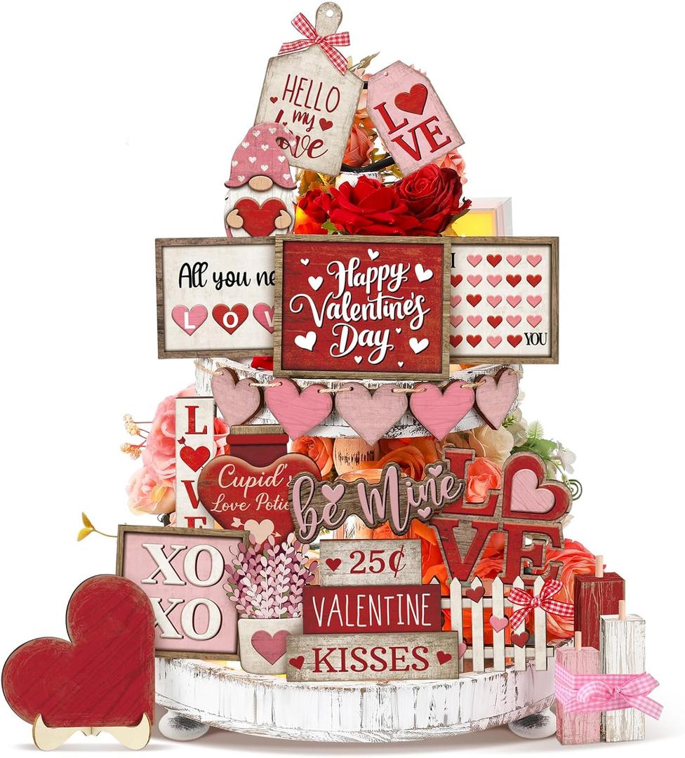 24 Pcs Vintage Farmhouse Valentine's Day Tiered Tray Decor Set Heart Wooden Valentine Table Centerpieces Love Heart XOXO Wooden Signs for Home Decor