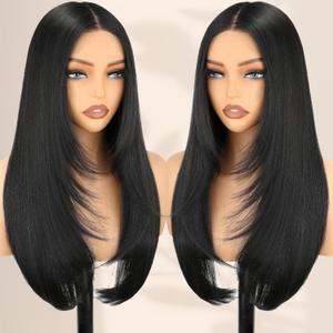NOSTALGIA Black Wear and Go Glueless Wigs Straight Lace Front Wig Pre Cut Glueless Synthetic Layered Wig 24 Inch Middle Part Closure Wig For Women