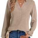 EasyGala Womens V Neck Long Sleeve Shirts Henley Dressy Casual Tops Loose Fit Trendy Tees Fall T Shirts Outfits 2025 Khaki (Beige, L)