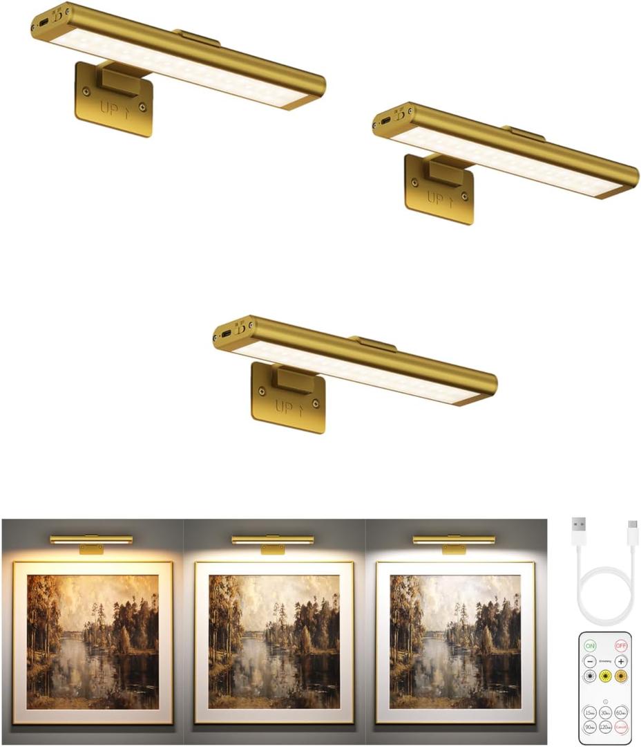 EZVALO Picture Light for Wall, Rechargeable 2400mAh Battery Lights Wireless Remote, 3 Color & Dimmable Magnetic 7.87'' LED Lights Display for Painting, Living Room, Gallery, Bedroom(Gold-3P)