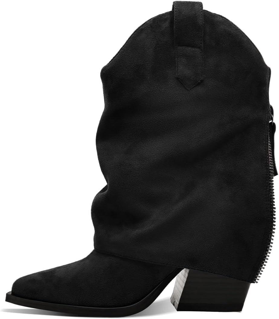 Womens Ankle Fold Over Boots Chunky Mid Heel Booties Retro Pointed Pointed Toe Side Zipper Short Boots Heeled Shoes for Women Fall Winter (7.5, Black-suede)