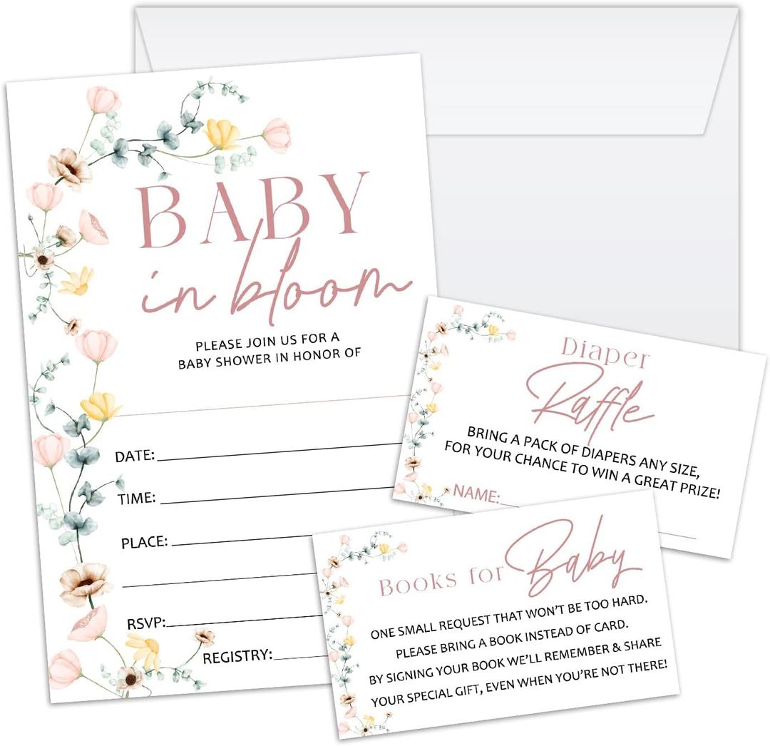 Utaqer Wildflower Baby Shower Invitation Cards With Envelopes, Diaper Raffle Tickets, Baby for Book 100 piece set, Gender Reveal Party for Baby Boys & Girls, Gender Neutral Party Supplies/tz-b003