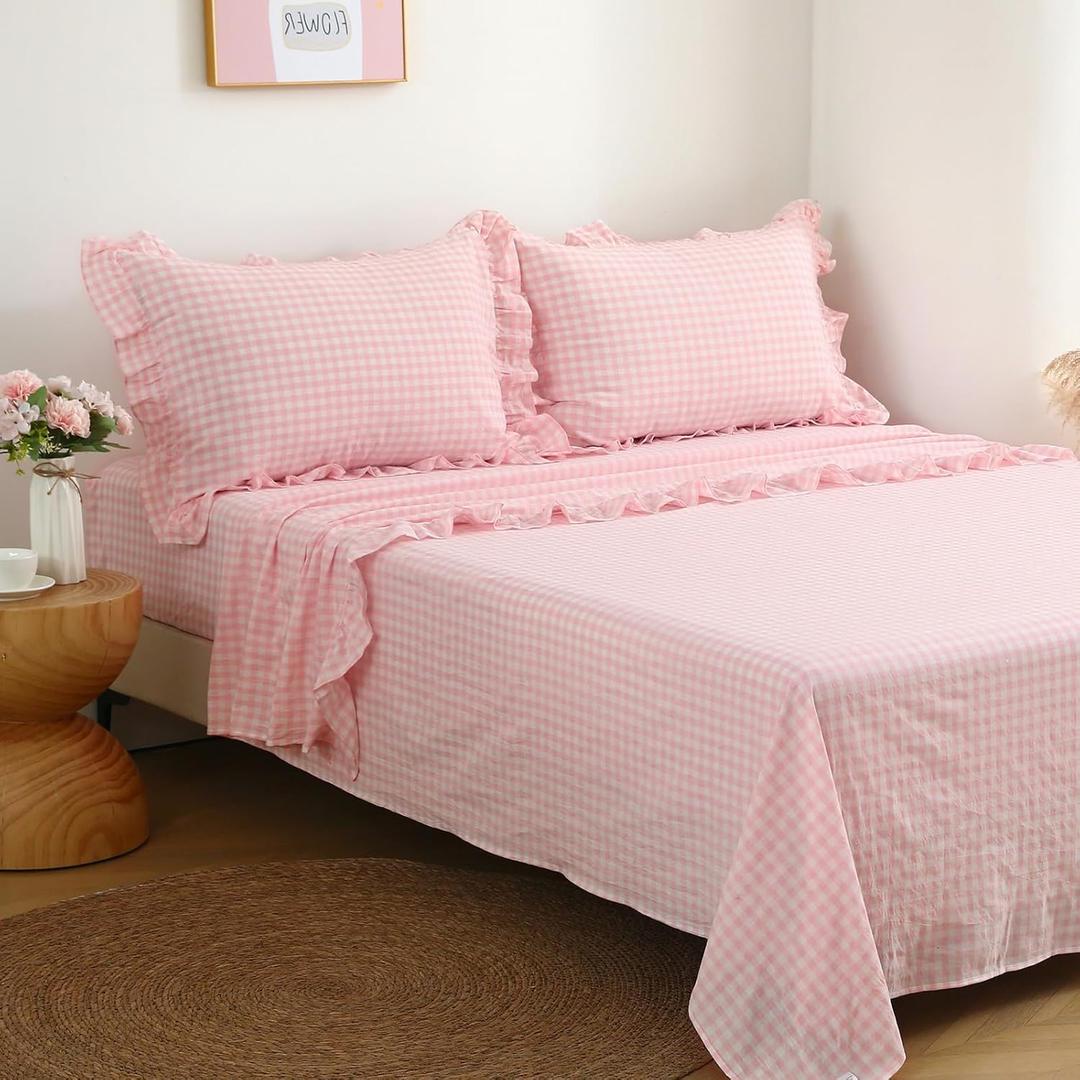 Peach Blush White Plaid Ruffle Gingham Sheets Twin Size 4-Piece Set, 300TC 100% Yarn Dyed Cotton Sheets 18 in Deep Pocket Kids Preppy Decorative Bedding (Blush/White Plaid, Twin)