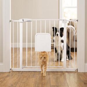 Metal Pet Gate with Cat Door, Adjustable Dog Gate for Doorways & Stairs, Pressure Mounted, Auto-Close, No Tools Needed, 29-45 Inches, White