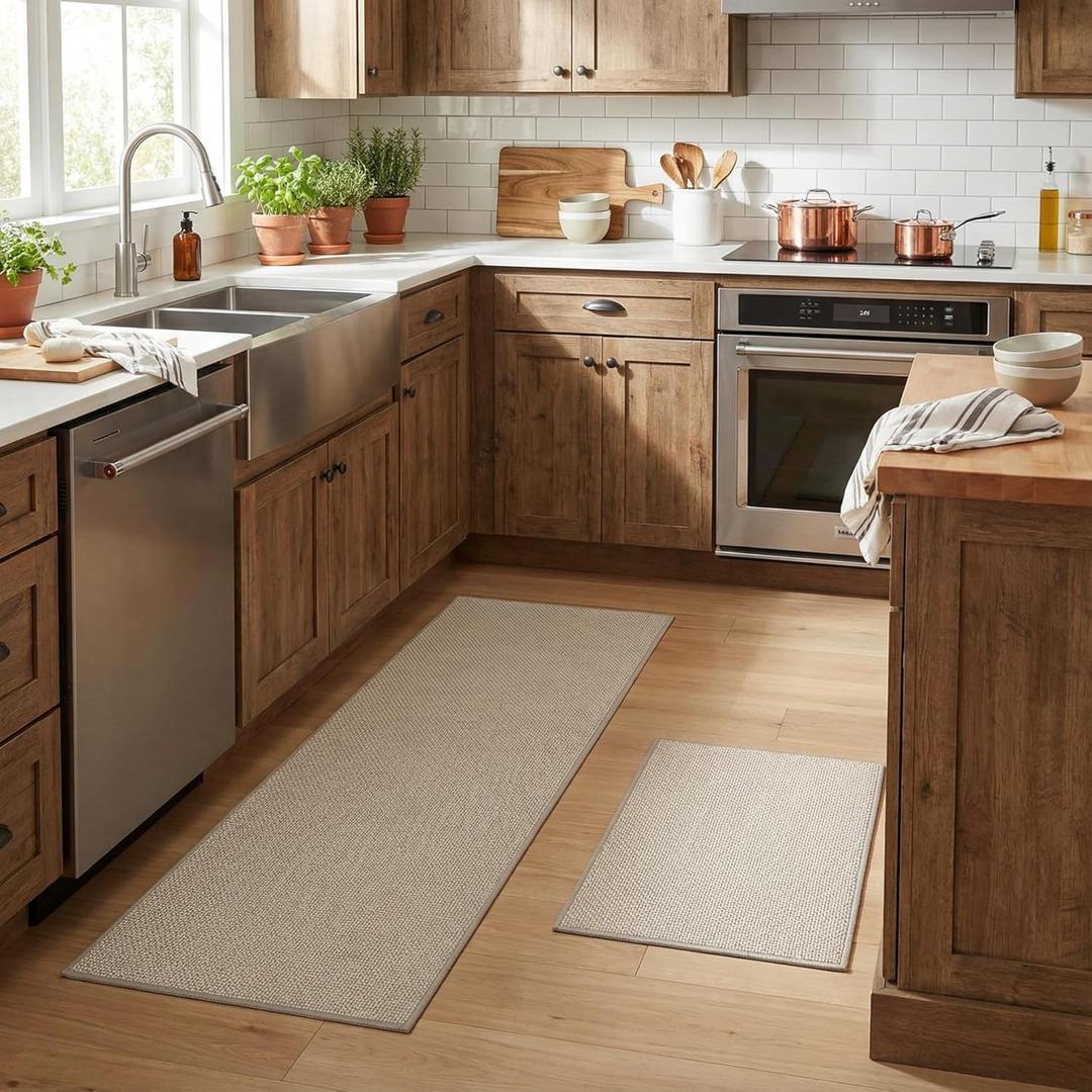 GRANNY SAYS Kitchen Mats for Floor, Kitchen Rugs Sets of 2 Non Slip Washable, Absorbent Kitchen Runner Rugs, 1730 + 1747 Anti Fatigue Kitchen Floor Mat 2 Piece with Rubber Backing, Tan