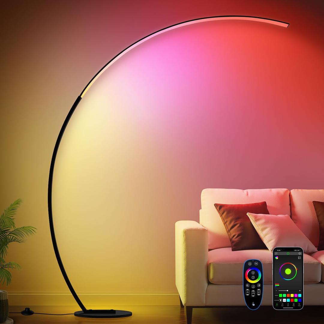RGB Dimmable Arc Floor Lamps with 3 Color Temperatures, Ultra Bright 1800LM LED Floor Lamps for Living Room, Modern Standing Tall Lamp with Remote Control, Reading Floor Lamp for Bedroom Office (Matte Black-RGB67"300" Ultra-Wide Coverage)
