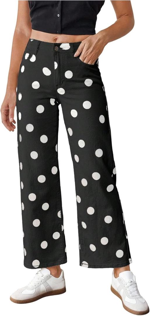WDIRARA Women's Polka Dots Jeans Vintage Stretchy Straight Leg Denim Pants (26, Black)