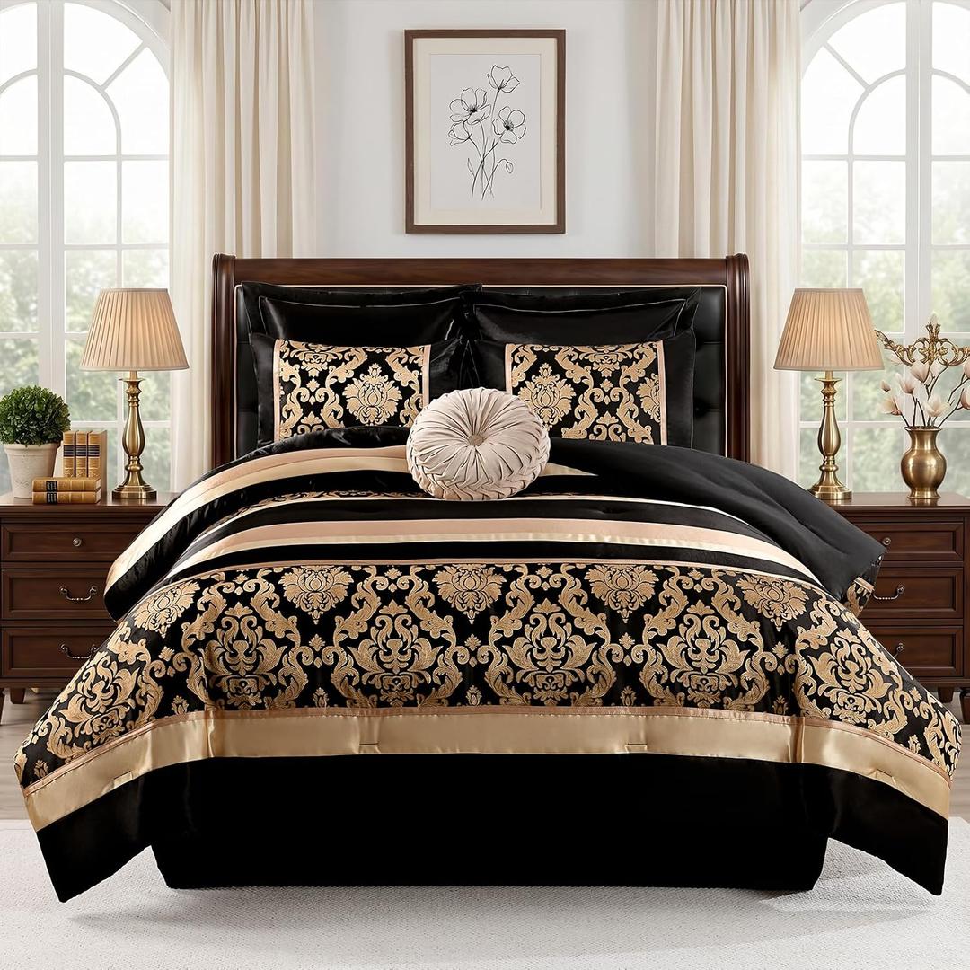 CozyDH Black Gold Comforter Set King, 7 Piece Luxury Jacquard Bed in a Bag