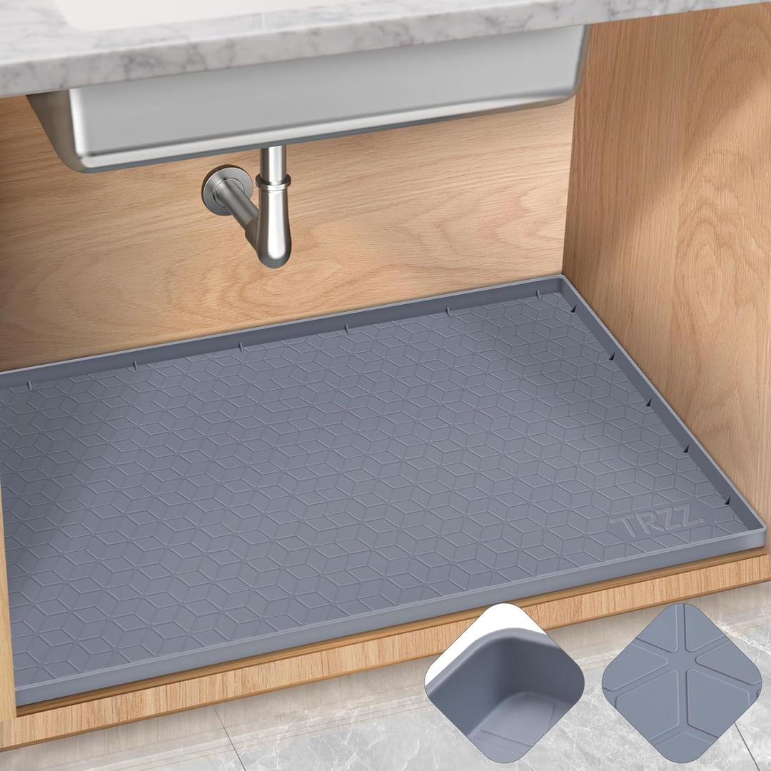 TRZZ Silicone Waterproof Under Sink Mat 28" x 19", Drip Tray and Cabinet Liner for Kitchen and Bathroom, Prevents Water Damage and Organizes Cabinets (Grey) (Gray)