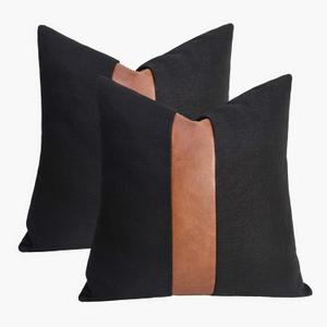 Set of 2 Black Linen Patchwork Faux Leather Throw Pillow Covers for Couch Living Room Bedroom, Modern Accent Decor Square Covers 18X18 inch, Brown and Black