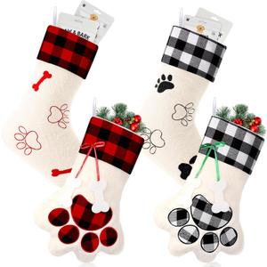 Realspring 4 Pcs Large Christmas Paw Stockings for Dog Cat Pet Christmas Hanging Stocking with Bone Pattern Tags for Puppy Xmas Gifts Party Fireplace Tree Decoration(Red,Mixed)