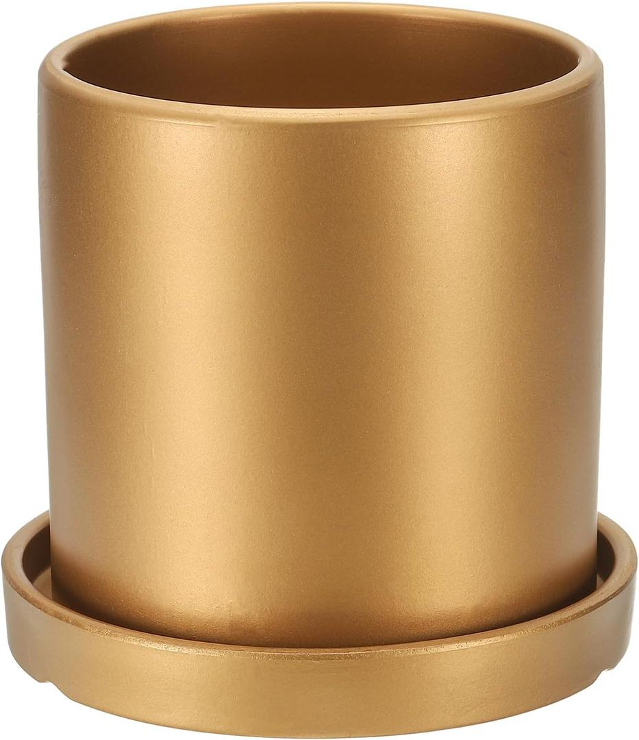 PATIKIL 5 Inch Ceramic Plant Pots, Modern Flower Planters with Drainage Holes and Tray for Decorate Home Indoor Plants Succulent Herb, Gold
