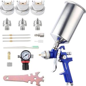 Professional HVLP Gravity Feed Air Spray Gun Set with 1.4 1.7 2.0mm Nozzles, Paint Gun with 1000cc Aluminum Cup for Auto Paint, Wall Painting, Base Coatings