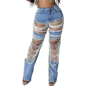 NRTHYE Womens High Waist Ripped Jeans Sexy Pearl Chains Rhinestones Straight Leg Stretch Distressed Denim Pants (Medium, 00light Blue)