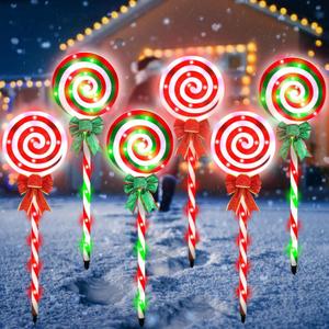 6 PCS Christmas Pathway Lights Outdoor Decorations, 28 Inch Lollipop Walkway Stake 8 Lighting Modes Flickering Candy Marker Waterproof Outside Christmas Decor for Garden Yard Lawn (Red Green)
