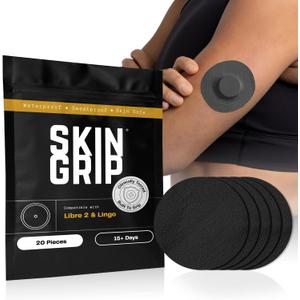 Skin Grip Freestyle Libre 2 Sensor Covers & Lingo CGM - 20 Pack | Waterproof & Sweatproof Patch, 15+ Days of Strong Grip, Pre-Cut Medical Tape, Continuous Glucose Monitor Patch, Black