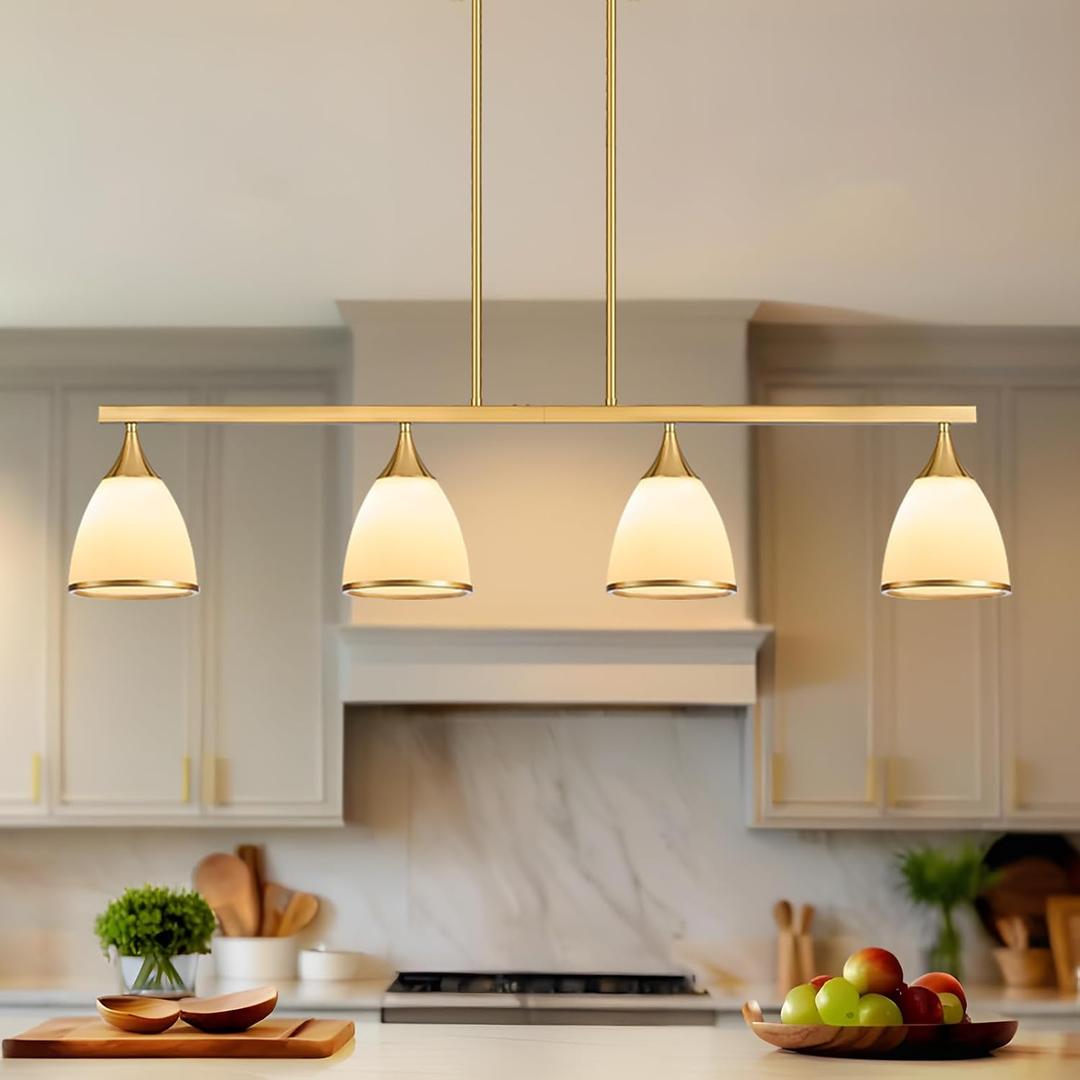 Modern Island Lights for Kitchen,4-Light Farmhouse Chandeliers for Dining Room Linear Pendant Light Fixtures Dining Room Chandelier Over Table Frosted Glass Lampshade Gold Hanging Lamp