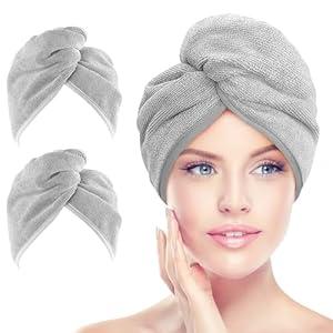 AIDEA Microfiber Hair Towel Wrap, 2 Pack Hair Turbans, Super Absorbent Quick Dry Hair Towel Wrap for All Hair Types Anti Frizz, 26"×10", Grey