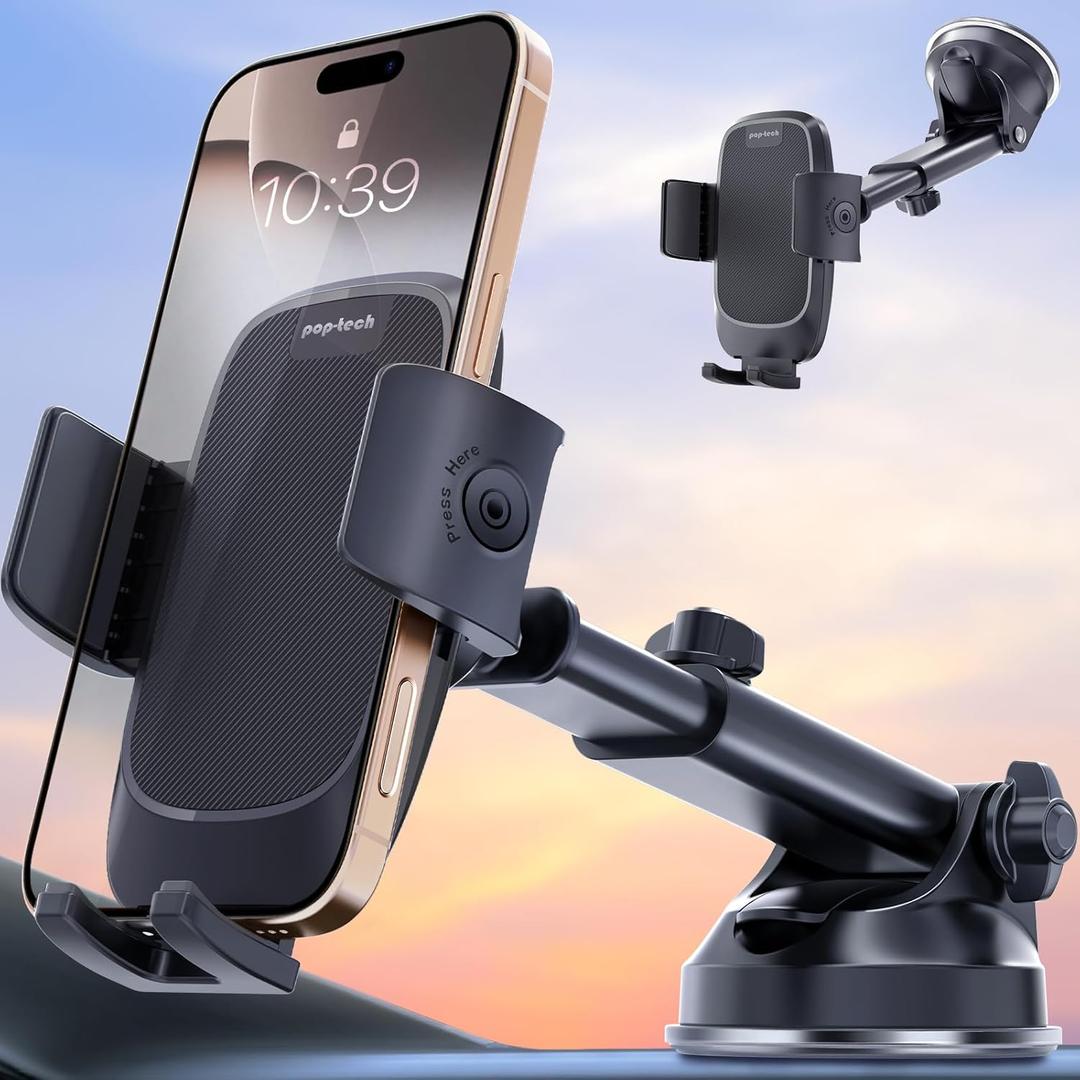 pop-tech Phone Mount for Car, [Military-Grade Suction] Universal Cell Phone Holder for Your Car Dashboard Windshield Window, Automobile Cradle Fit for iPhone Samsung All Smartphones with Thick Case